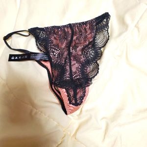coral and black lace thong